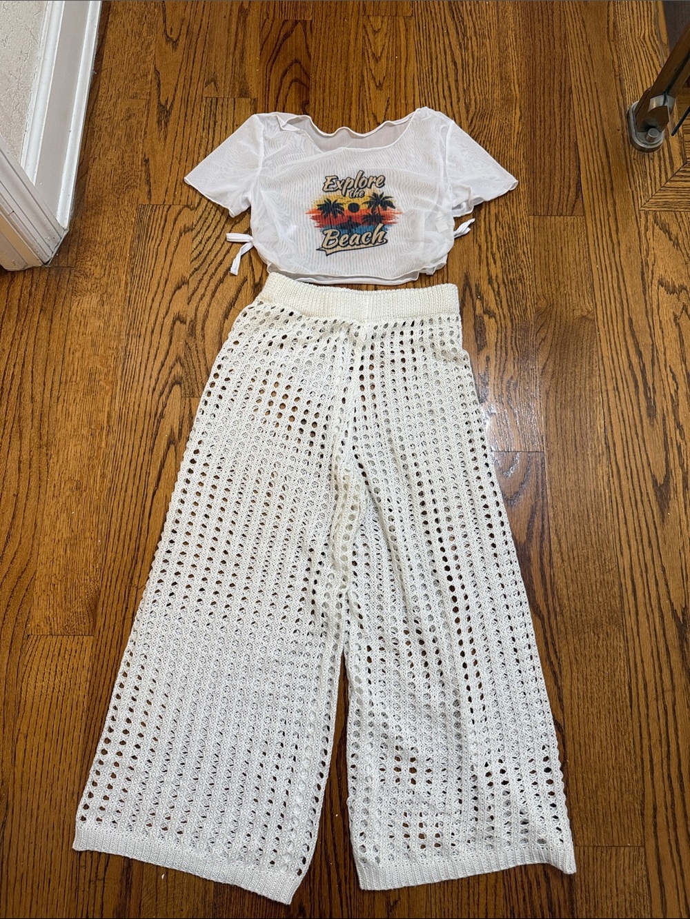 SHEIN White Mesh "Explore the Beach" Crop Top and Crochet Pants Set